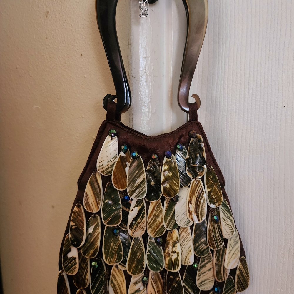 Unique Shell Embellished Handbag with Brown tortoise Handles